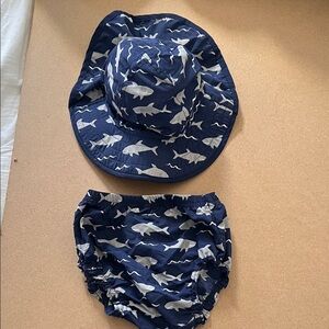 Pottery Barn Kids Navy Shark Print Kids Hat and Diaper Cover Set